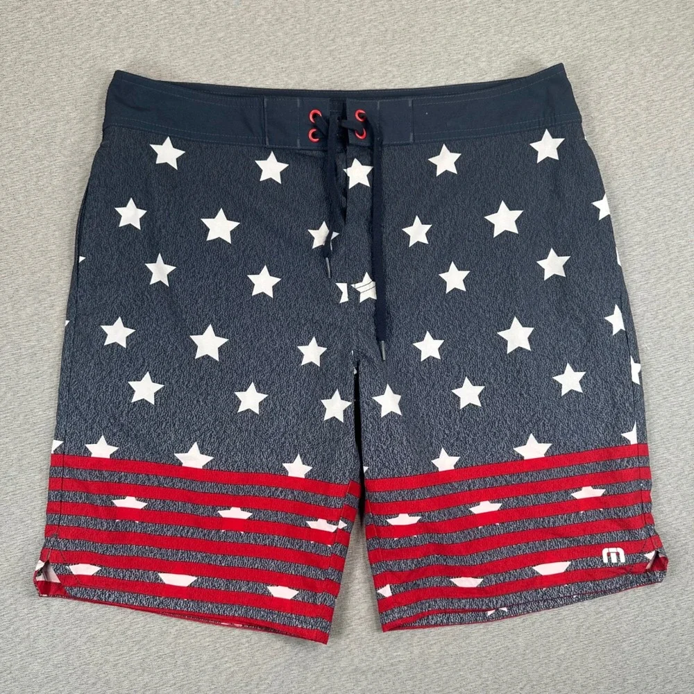 Travis Mathew Board Shorts Men 34 Stars and Stripes Navy Red White USA Patriotic